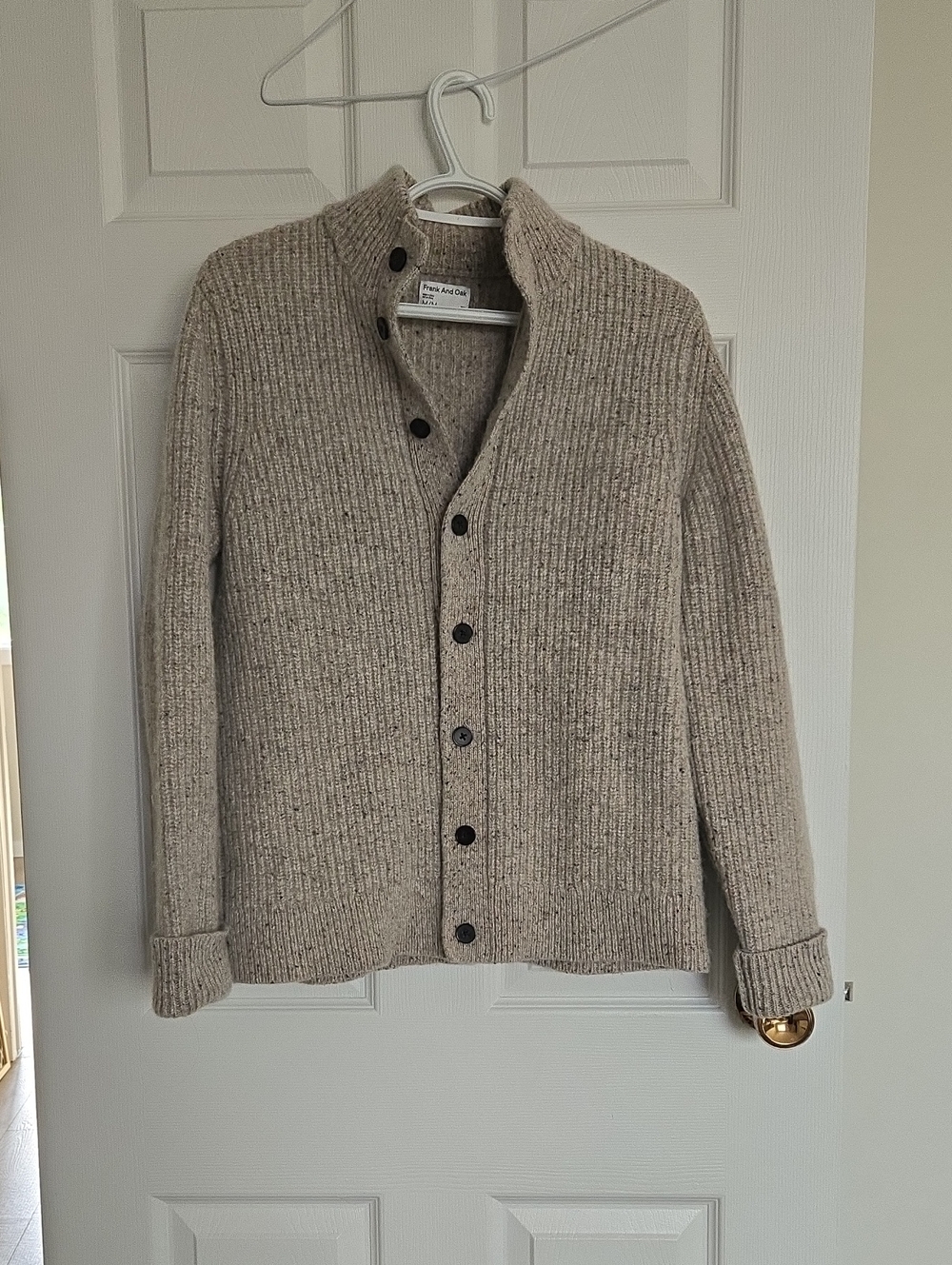 Frank And Oak Men's Beige Ribbed Wool Button Cardigan